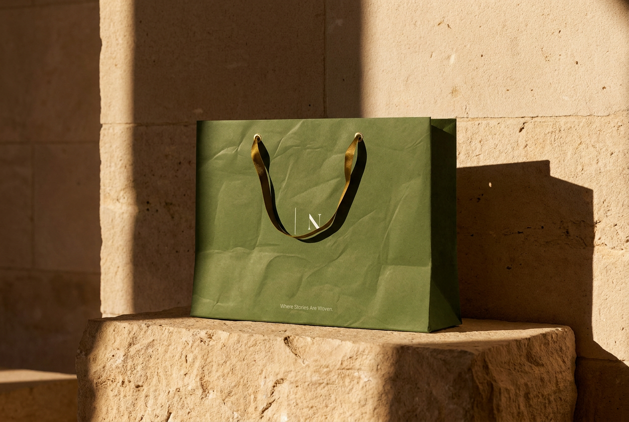 TRINJAN shopping bag with the submark placed on a stone plinth