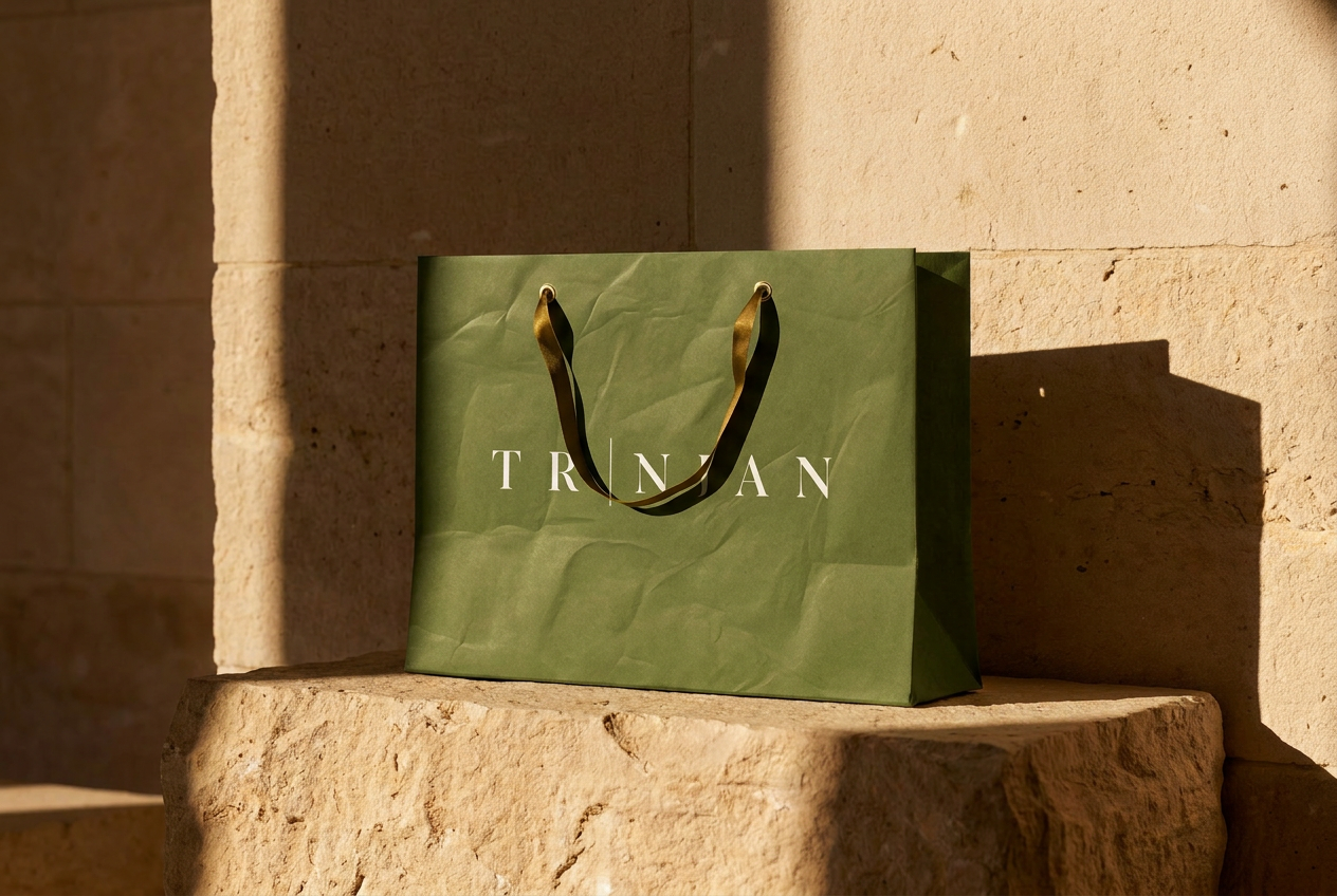 TRINJAN shopping bag with the full wordmark in warm architectural light