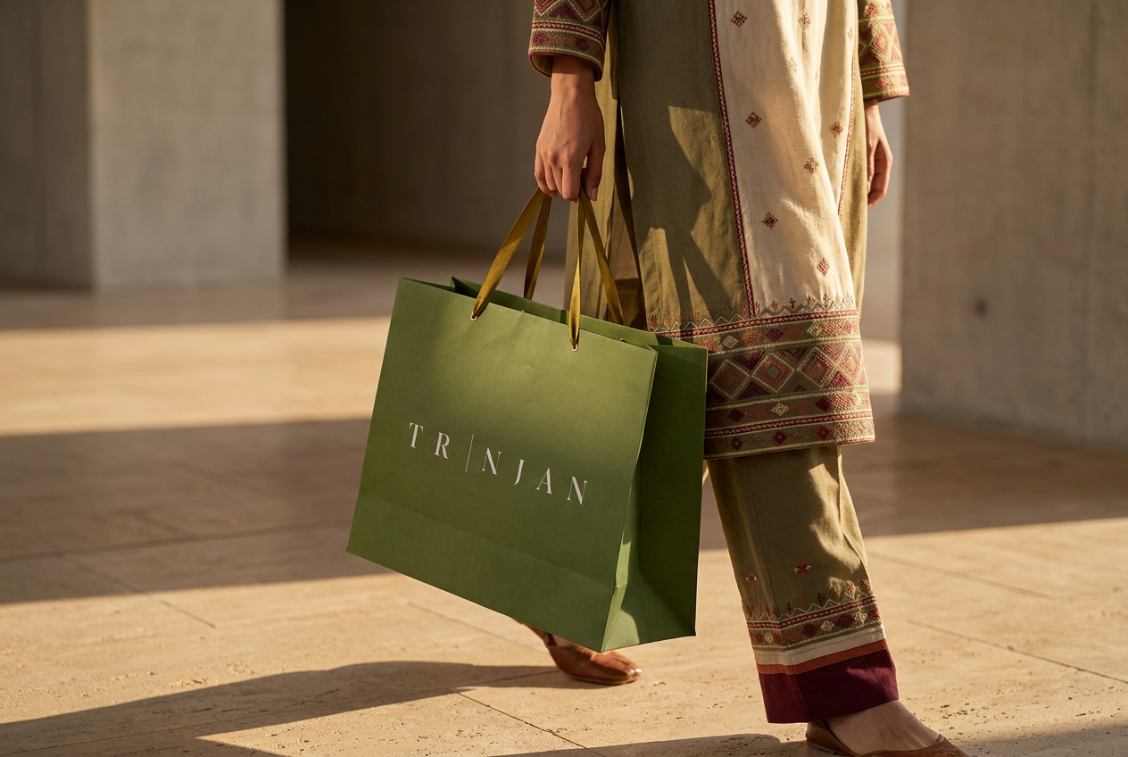 TRINJAN shopping bag carried through an architectural space