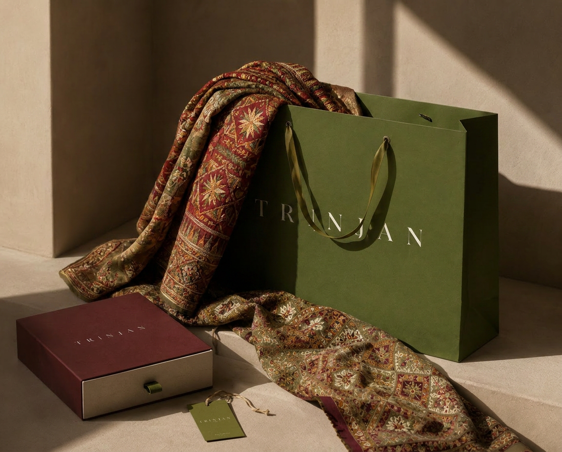 TRINJAN packaging composition featuring the shopping bag, presentation box, and garment tag