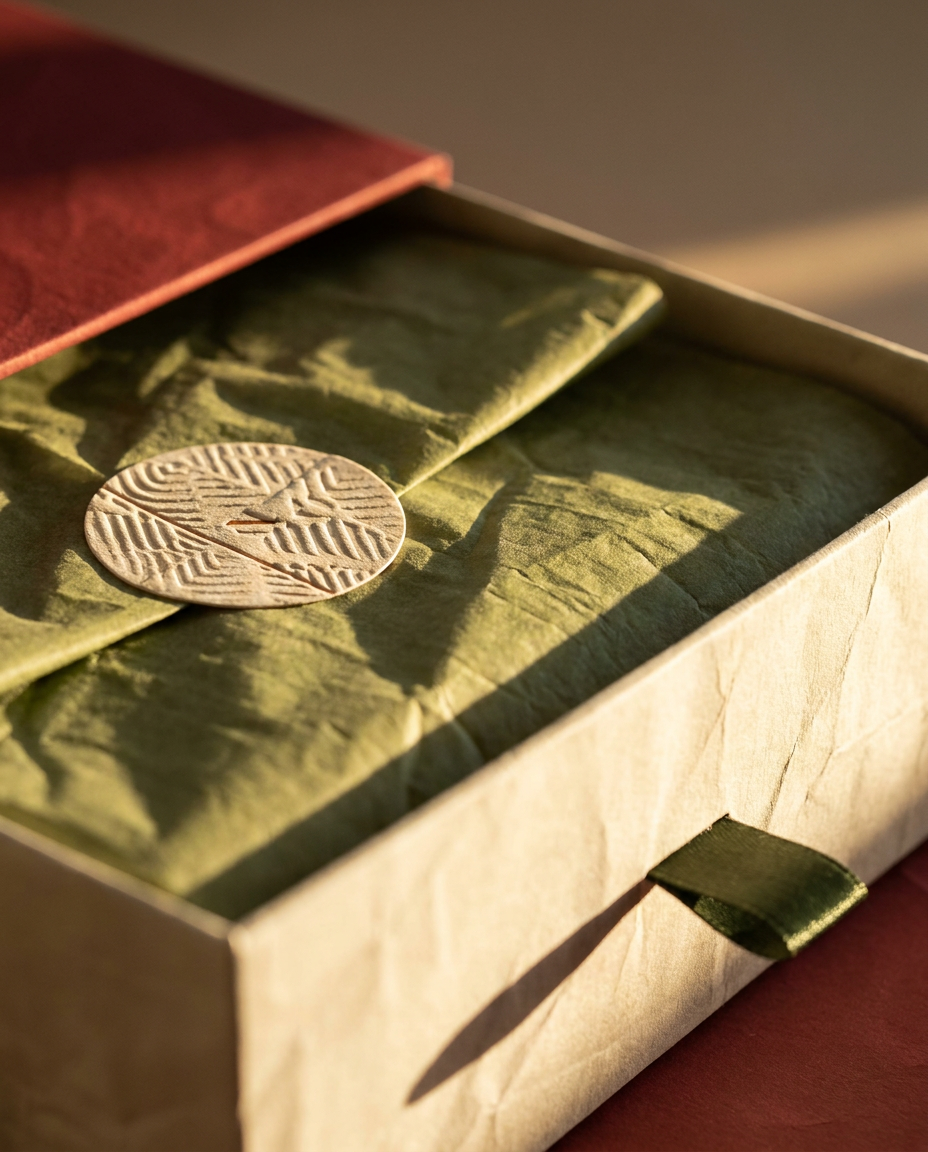 Close view of the tissue wrapping and seal inside the TRINJAN presentation box