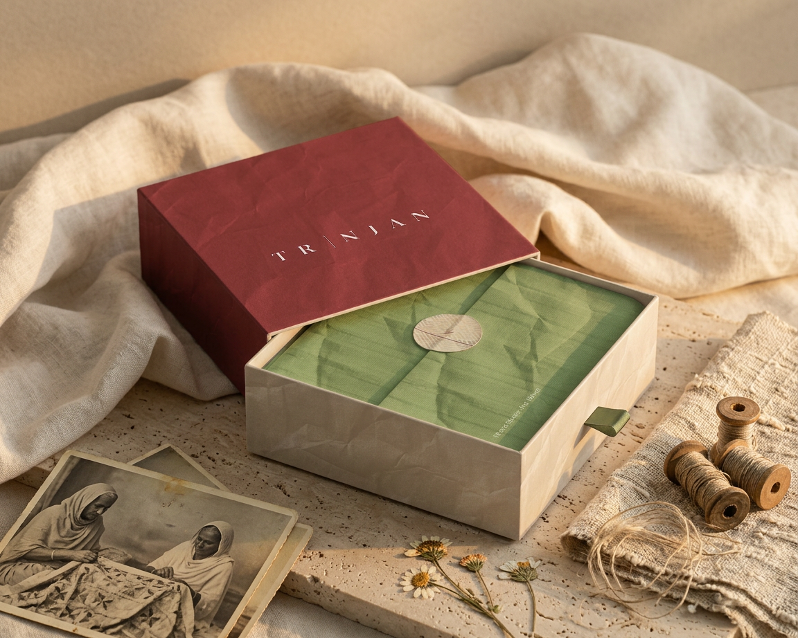 TRINJAN presentation box shown in a complete still life composition