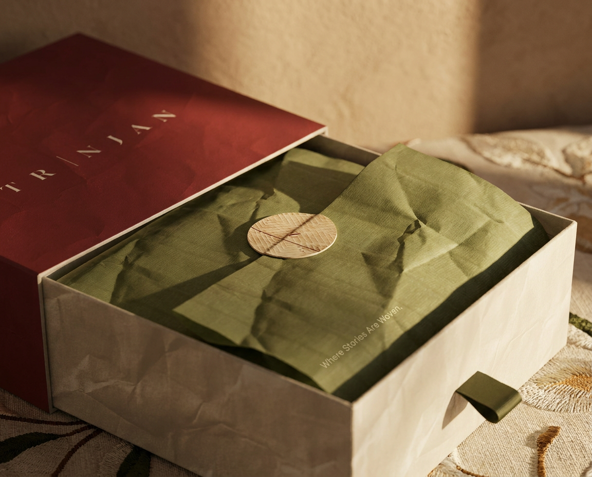 Open TRINJAN drawer box with folded tissue paper inside