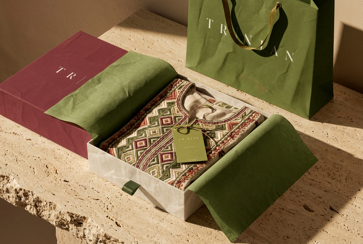 Open TRINJAN presentation box revealing the garment within