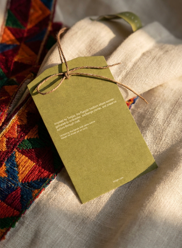 Alternative close view of the TRINJAN garment tag on textile