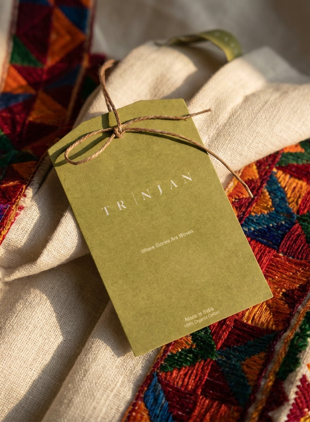 TRINJAN garment tag placed on fabric